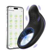 App-controlled vibrating cock ring in black silicone next to a phone – photo 1